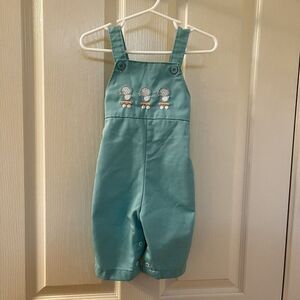 Vintage Health Tex Baby Chick Embroidered Overalls Aqua Green Size 9 Months